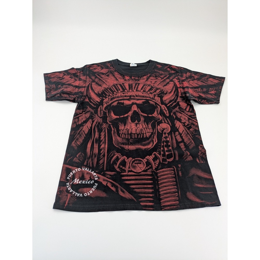 Azteca AOP Shirt Mexican Puerto Vallarta Mexico Men's Medium Black‎ Skull